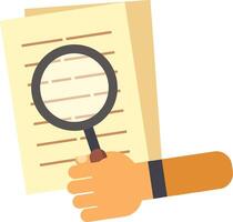 Hand holding a magnifying glass while examining a document filled with lines of text, illustrating concepts of research, investigation, analysis, and verification in detail vector