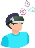 Man wearing vr headset is immersed in a virtual environment, exploring and interacting with colorful 3d geometric shapes, experiencing the immersive power of virtual reality technology vector
