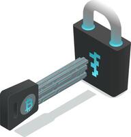 Futuristic metallic key with electric circuits and bitcoin logo unlocking cryptocurrency padlock, ensuring secure transactions and protecting digital assets vector