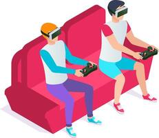 Two gamers wearing virtual reality headsets are playing games using controllers while sitting comfortably on a red couch, enjoying immersive gameplay vector
