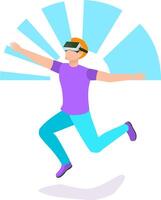 Young man wearing virtual reality glasses is jumping and experiencing virtual reality world, playing game, running simulation, futuristic innovative technology vector