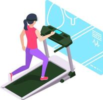 Woman wearing a virtual reality headset runs on a treadmill, engaging with a futuristic interface that displays a map and health data for an immersive fitness experience vector