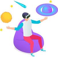 Man wearing virtual reality headset is sitting on beanbag chair and exploring metaverse, experiencing immersive planets, stars, and comet, enjoying interactive virtual world vector