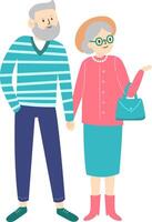 Happy retired couple holding hands while enjoying a leisurely walk, with the woman pointing out something interesting, radiating joy and togetherness in their active lifestyle vector