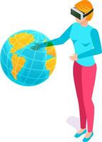 Woman wearing vr headset touching virtual earth globe with hand using augmented reality technology, exploring world and experiencing metaverse in isometric illustration vector