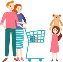 Smiling parents shopping together, pushing a cart filled with groceries, while their daughter joyfully lifting a teddy bear above her head, creating a moment of family bonding and happiness vector