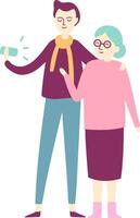 Young caregiver showing smartphone to elderly woman with arm around her shoulder, representing the bond between generations and the sharing of new technologies vector