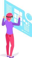 Software developer wearing virtual reality glasses interacting with holographic interface using augmented reality technology, experiencing immersive digital environment vector