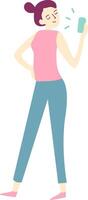 Young woman is standing with one hand on her hip and the other holding a smartphone, seemingly captivated by the device's features and enjoying its functionalities vector