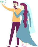 Happy newlyweds are taking a selfie with a smartphone, celebrating their marriage with joy and excitement, capturing a precious moment of their special day vector