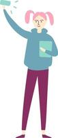 Young student with vibrant pink hair smiling while taking a selfie with a smartphone in one hand and holding a stack of books in the other, embodying a cheerful, modern lifestyle vector
