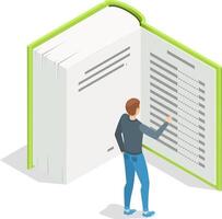 Student is standing and reading a large open textbook, touching the page with his finger, preparing for the exam and gaining knowledge, isometric illustration vector
