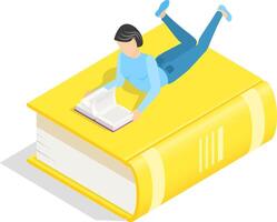 Young woman is lying on her stomach on top of a giant yellow book, engrossed in reading a smaller book, in an isometric perspective, symbolizing the joy and immersion in literature vector