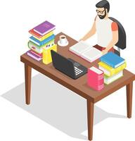 Student is diligently studying at a desk, surrounded by stacks of colorful books and using a laptop, showcasing the modern learning process vector