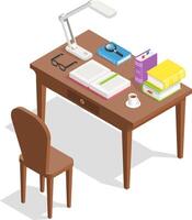 Open book, stack of books, magnifying glass, reading glasses, cup of coffee and desk lamp are lying on wooden table with chair, creating comfortable learning or working environment vector