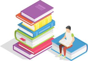Isometric illustration depicting a student engaged in reading and studying on a giant book, surrounded by a stack of books, symbolizing the journey of learning and knowledge acquisition vector