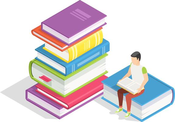 Isometric illustration depicting a student engaged in reading and studying on a giant book, surrounded by a stack of books, symbolizing the journey of learning and knowledge acquisition