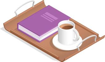 Presenting a cozy breakfast scene, a wooden tray holds a closed purple book next to a steaming cup of coffee, inviting relaxation and enjoyment in the morning light vector