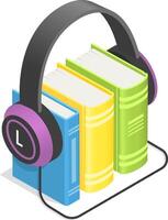 Headphones gently encircle a stack of vibrant books, symbolizing the immersive experience of listening to audiobooks and enjoying literature in a modern format vector