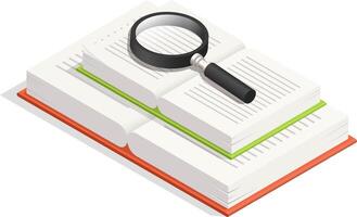 Open book resting on a surface, accompanied by a magnifying glass, representing research, discovery, and the continuous pursuit of knowledge within the realm of literature vector