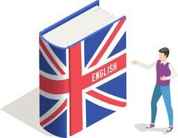 Young man is showing a large textbook with the flag of the united kingdom and the word english written on its cover, representing the concept of learning the english language and british culture vector