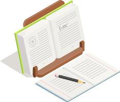 Open textbook showing theory of relativity formula and atom symbol on wooden book stand with another open book and pencil nearby suggesting studying physics or chemistry vector