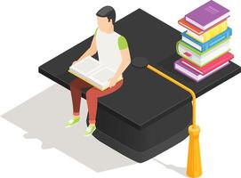 Student is reading a book while sitting on a graduation cap, with a stack of books nearby, symbolizing academic achievement, learning, and education in an isometric perspective vector