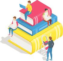 Students are sitting on a giant stack of colorful books and reading, while another student is climbing a ladder to reach the top, in this isometric illustration about education and learning vector