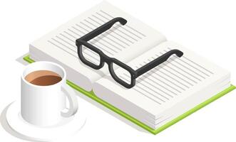 Open book with reading glasses resting on top and a coffee cup nearby, creating a cozy and inviting atmosphere perfect for immersing in literature and enjoying quiet moments vector