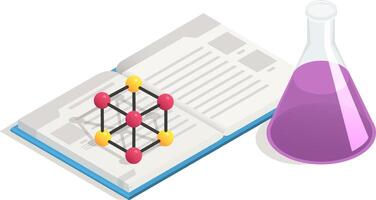 Isometric view of an open book with a molecular model placed on top of it, next to a beaker containing a vibrant purple liquid, suggesting scientific study or research vector