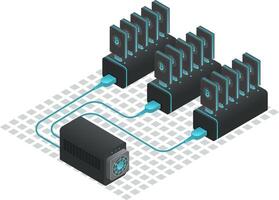 Cryptocurrency mining farm generating digital currency with multiple usb connected devices and power supply, representing blockchain technology and investment in isometric view vector