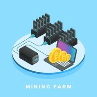 Cryptocurrency mining farm generating bitcoin on a laptop, connected to a power supply unit, illustrating the process of mining digital currency using powerful hardware vector