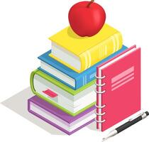 Colorful stack of books topped with a vibrant red apple, accompanied by a spiral notebook and pen, symbolizing the essence of education and the journey of learning vector