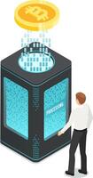 Programmer managing cryptocurrency mining on a powerful server tower with digital coin processing data, isometric illustration of blockchain technology and fintech concept vector