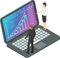 Businessman and businesswoman are standing on a giant laptop keyboard analyzing a growing bitcoin cryptocurrency chart displayed on the screen vector