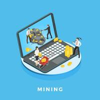 Businesspeople are mining cryptocurrency using pickaxes and collecting coins into a wheelbarrow next to a laptop, illustrating the concept of digital currency mining vector