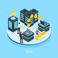 Businesspeople are managing cryptocurrency mining farm and ico servers, processing cryptocurrency transactions with laptops, earning bitcoins, litecoins and ethereum vector