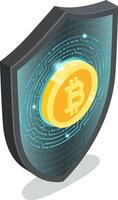 Bitcoin digital currency symbol on shield with electronic circuit, representing secure cryptocurrency investment and protection against online threats vector
