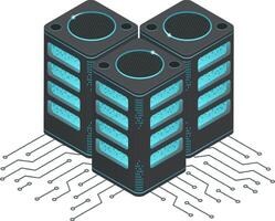 Three server units are processing data, illuminated by glowing blue lights, connected by futuristic circuitry, representing the power of modern computing vector