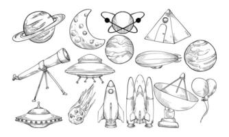 Space and Aircraft handdrawn collection vector
