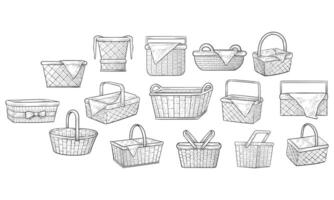 wicker basket handdrawn collection vector