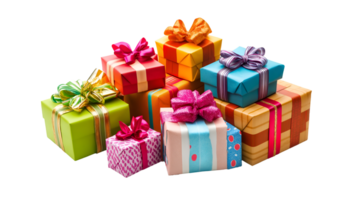 a pile of colorful gift boxes wrapped in various patterns and tied with ribbons and bows. The image evokes a sense of excitement, joy, and celebration. The transparent background png
