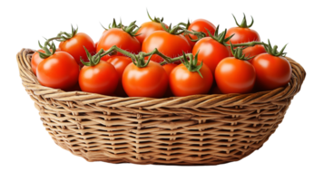a wicker basket overflowing with fresh, ripe tomatoes, isolated on a transparent background png