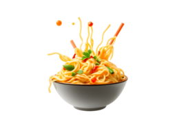 A bowl of noodles with chopsticks and vegetables png