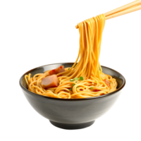 Chopsticks holding noodles in a bowl on a black background png