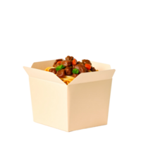 A white box with noodles and meat in it png