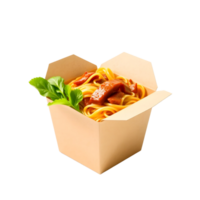A takeout box with spaghetti and meat in it png