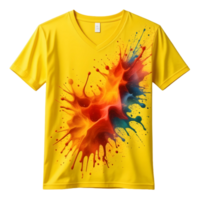 A yellow v - neck t - shirt with an abstract splash of paint png