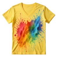 A yellow v - neck t - shirt with a colorful splash of paint png