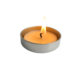 A single candle is lit in a metal container png